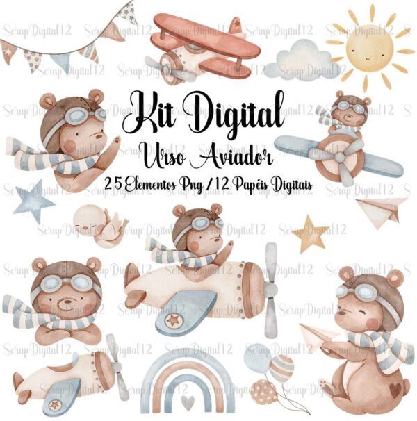 Kit Digital- Urso Aviador Aquarela