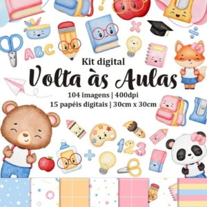Kit Digital Volta às Aulas Aquarela Raposa Panda Urso Png