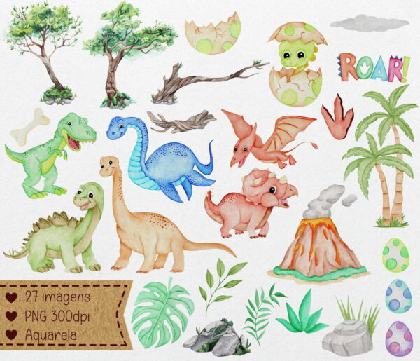 Kit Papel Digital Dinossauro Aquarela Feito a Mão - Image 2