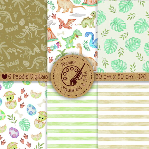 Kit Papel Digital Dinossauro Aquarela Feito a Mão