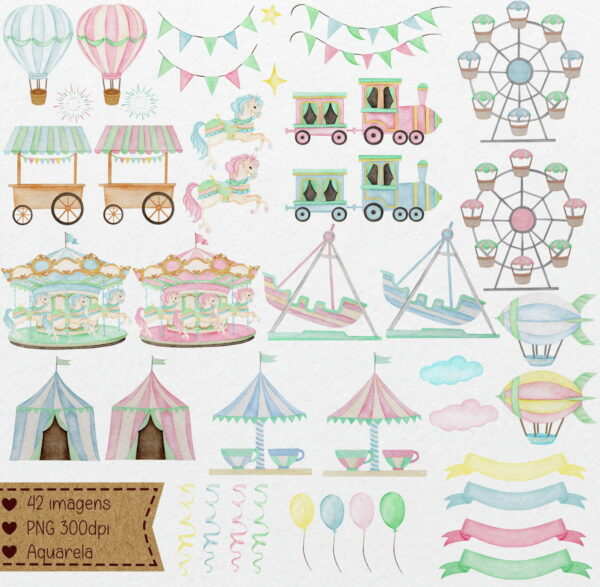 Kit Papel Digital Parque de Diversões Aquarela Feito a Mão - Image 2