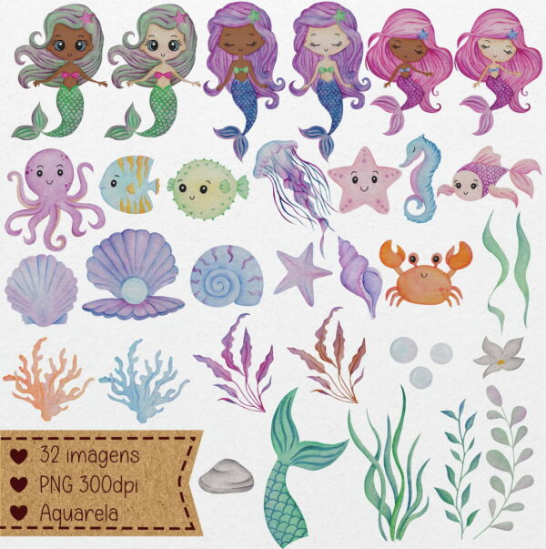 Kit Papel Digital Sereia Fundo do Mar Aquarela Feito a Mão - Imagem 2