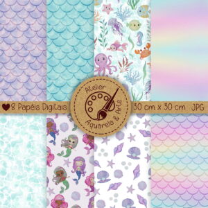 Kit Papel Digital Sereia Fundo do Mar Aquarela Feito a Mão
