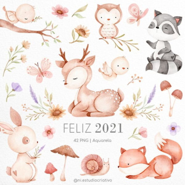 Kit Png Digital - Bosque Encantado Aquarela