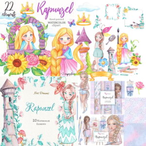 Kit scrapbook digital aquarela rapunzel