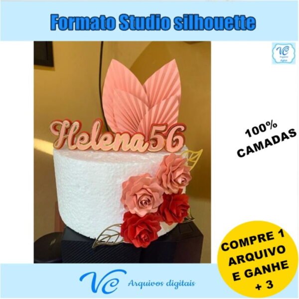 M295- Arquivo corte Topo de bolo folha Plissada Rosas