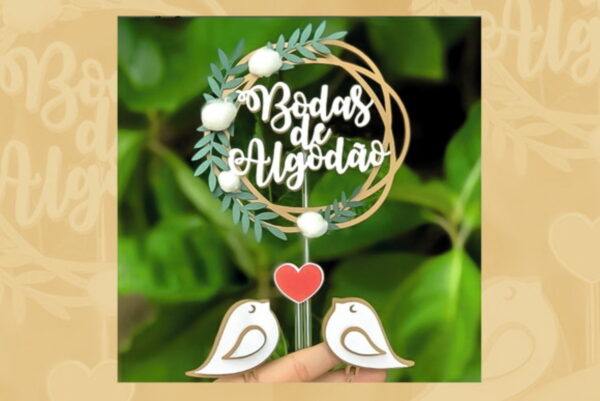 Topo de Bolo Bodas de Algodão - Arquivo Digital