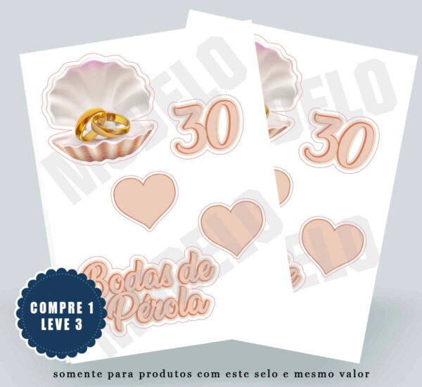 Topo de Bolo Bodas de Pérola Compre 1 Leve 3