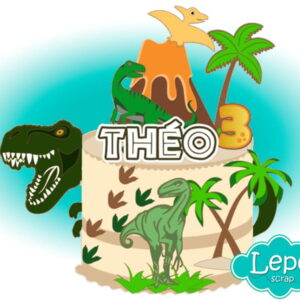Topo de bolo camadas dinossauros - grande e vulcão