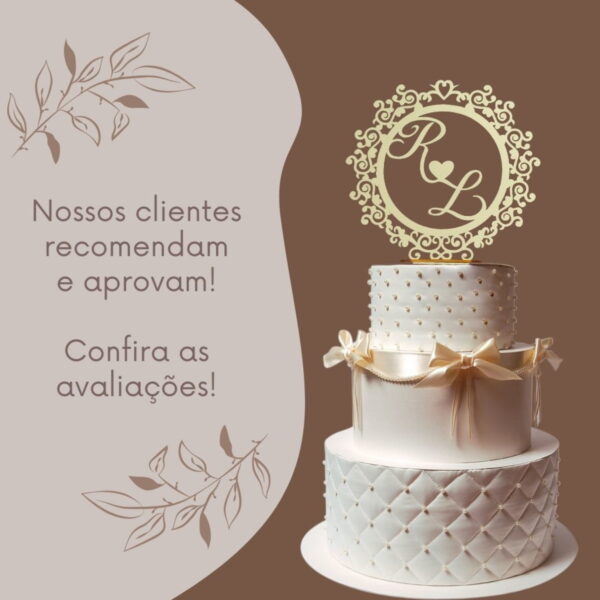 Topo de Bolo Casamento Acrílico Espelhado Brasão Monograma - Image 5