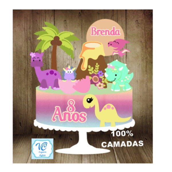 Topo de Bolo Dinossauro Menina - CAMADAS -Arquivo de Corte