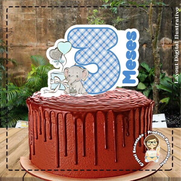 Topo de Bolo Elefante Azul 3 Meses - 4425 Arquivo Digital