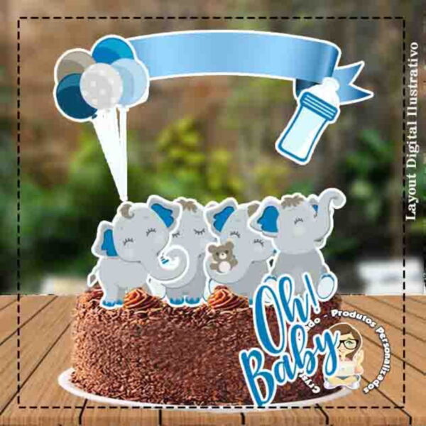 Topo de Bolo Elefantinho Azul - Ref 3806 Arquivo Digital