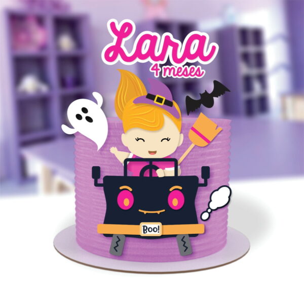 Topo de Bolo Halloween Menina no Carro Monstro Arquivo de Co