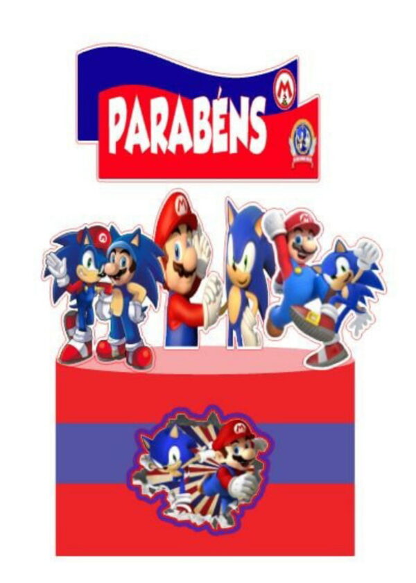 Topo de Bolo Mário Bros Vs Sonic + 4 Arquivos a Sua Escolha