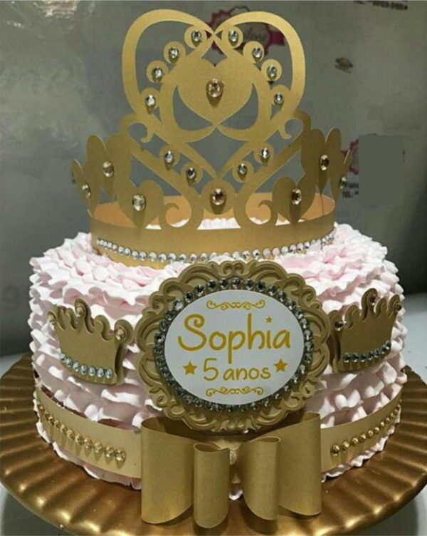 Topo de Bolo Princesa Dourado + 4 Arquivos a Sua Escolha