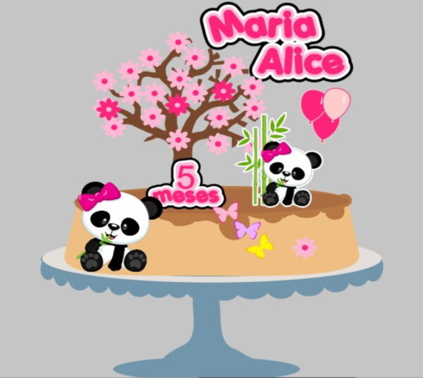 Topo Panda com Laço Balões e Borboletas + 4 Arquivos Brinde